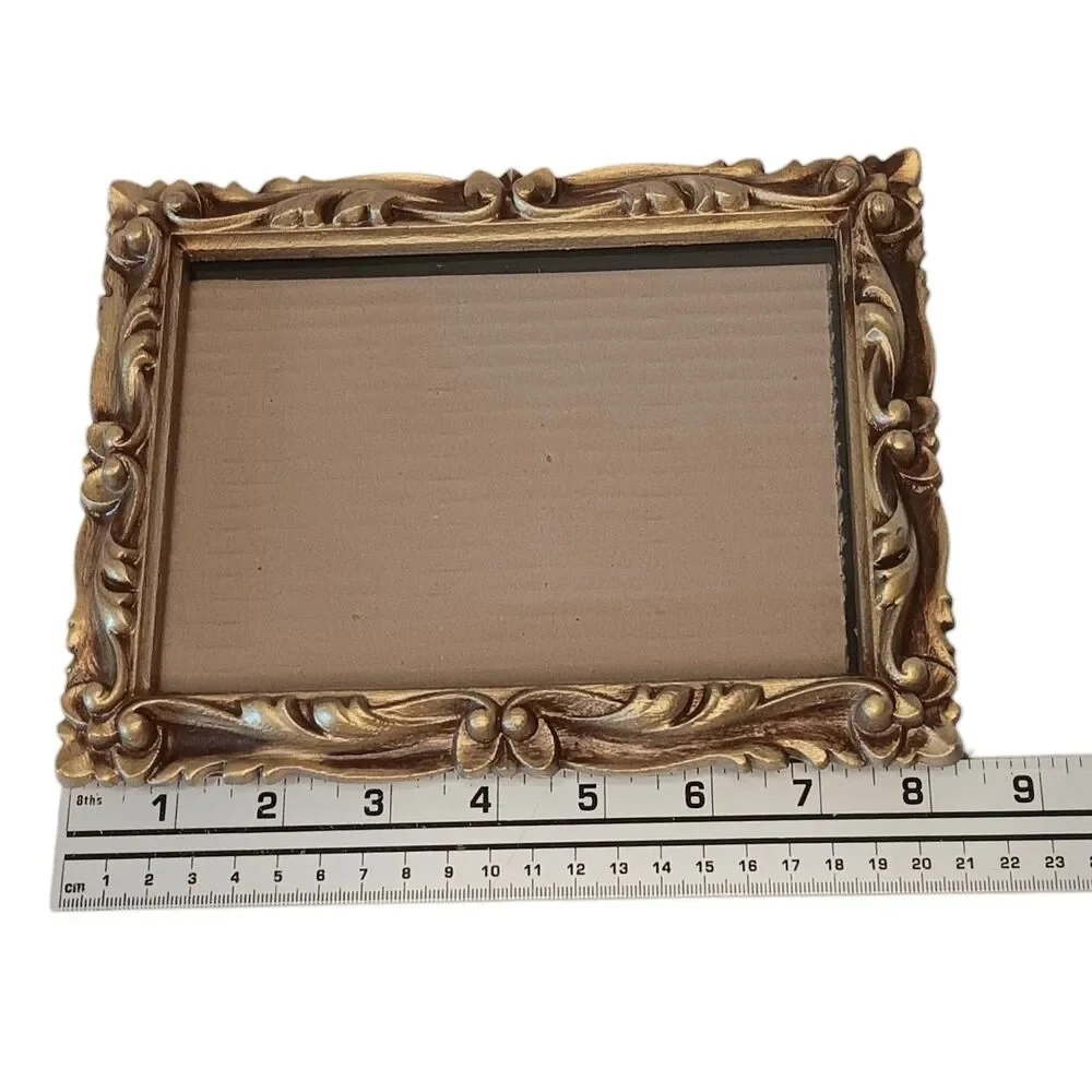 VTG 1973 Gold Bronze Photo Frame Resin Faux Carved Wood Ornate Scroll 8.25x6.25